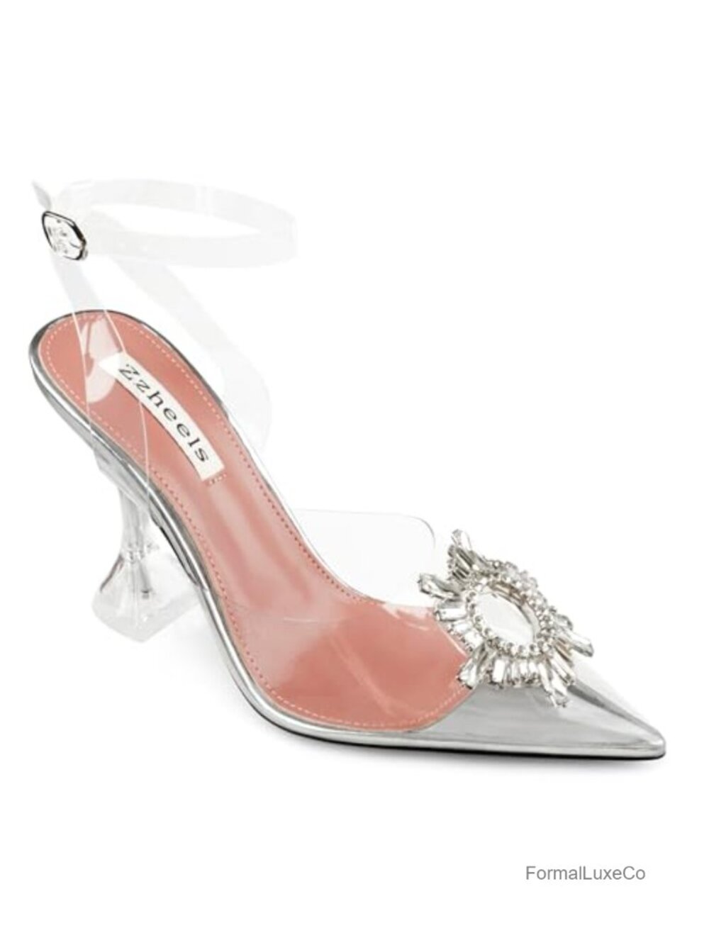 Closed Toe Rhinestone Heels with Slingback Strap, Clear Ankle Strap Heels,